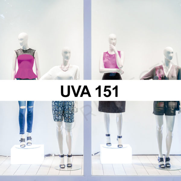 Le Film protection  incolore UVA 151  Reflectiv permet une réduction du phénomène de décoloration des vêtements en vitrine, retarde les effets nocifs des ultraviolets sans réduire la luminosité.